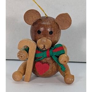 Vintage Wooden Teddy Bear Christmas Ornament Candy Cane Red Heart Taiwan‎ Kitsch